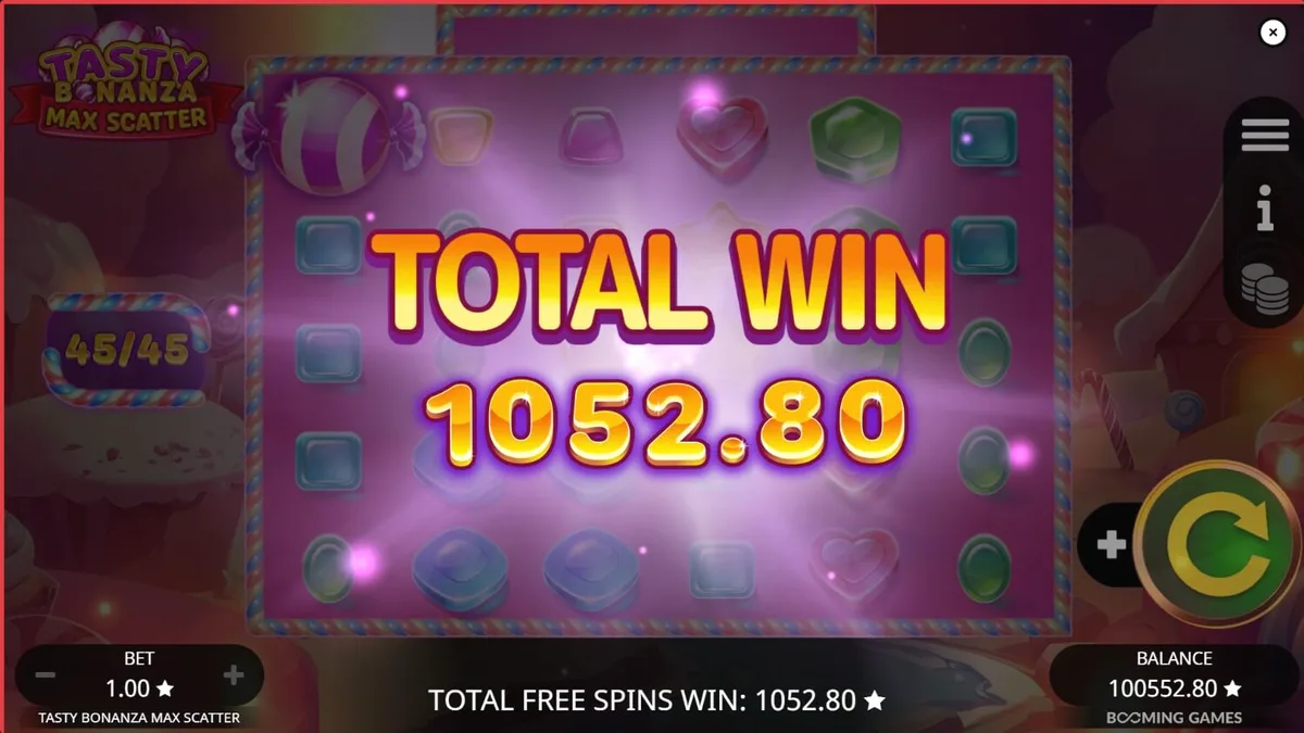 Tampilan visual penuh warna dari slot Tasty Bonanza Max Scatter dengan simbol permen yang cerah.