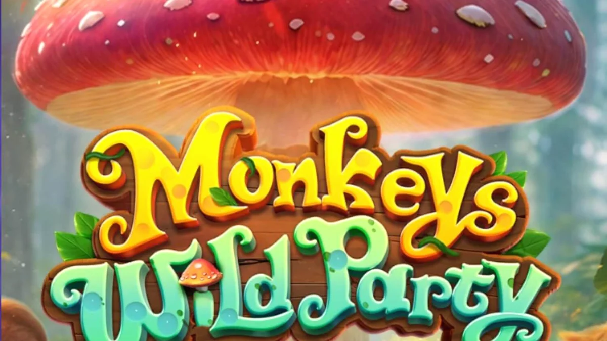 Pemandangan hutan tropis yang ceria dengan simbol monyet dan jamur liar dalam slot Monkeys Wild Party.