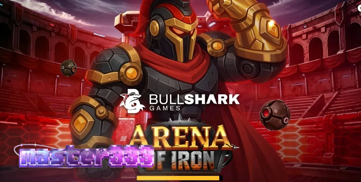 Tampilan futuristik dan mekanis dari slot Arena of Iron dengan latar belakang arena gladiator.